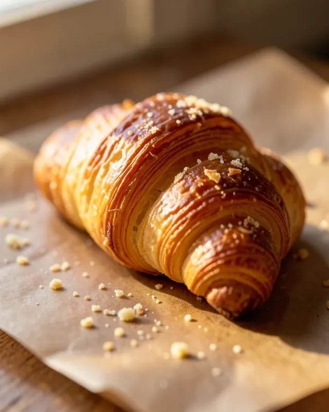 Golden flaky croissant on brown parchment with butter layers visible and soft morning light