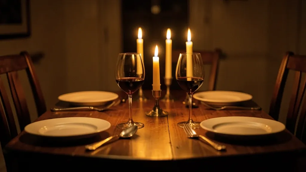Intimate candlelit dinner table for two with taper candles, wine glasses, and soft amber light