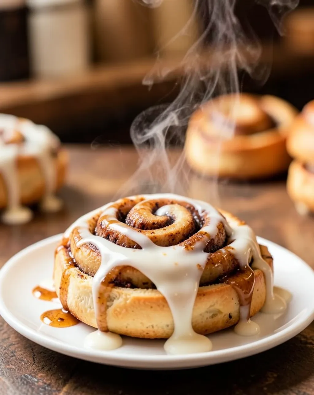Fresh baked cinnamon rolls with thick white glaze, steam rising, cinnamon swirl visible in cozy light
