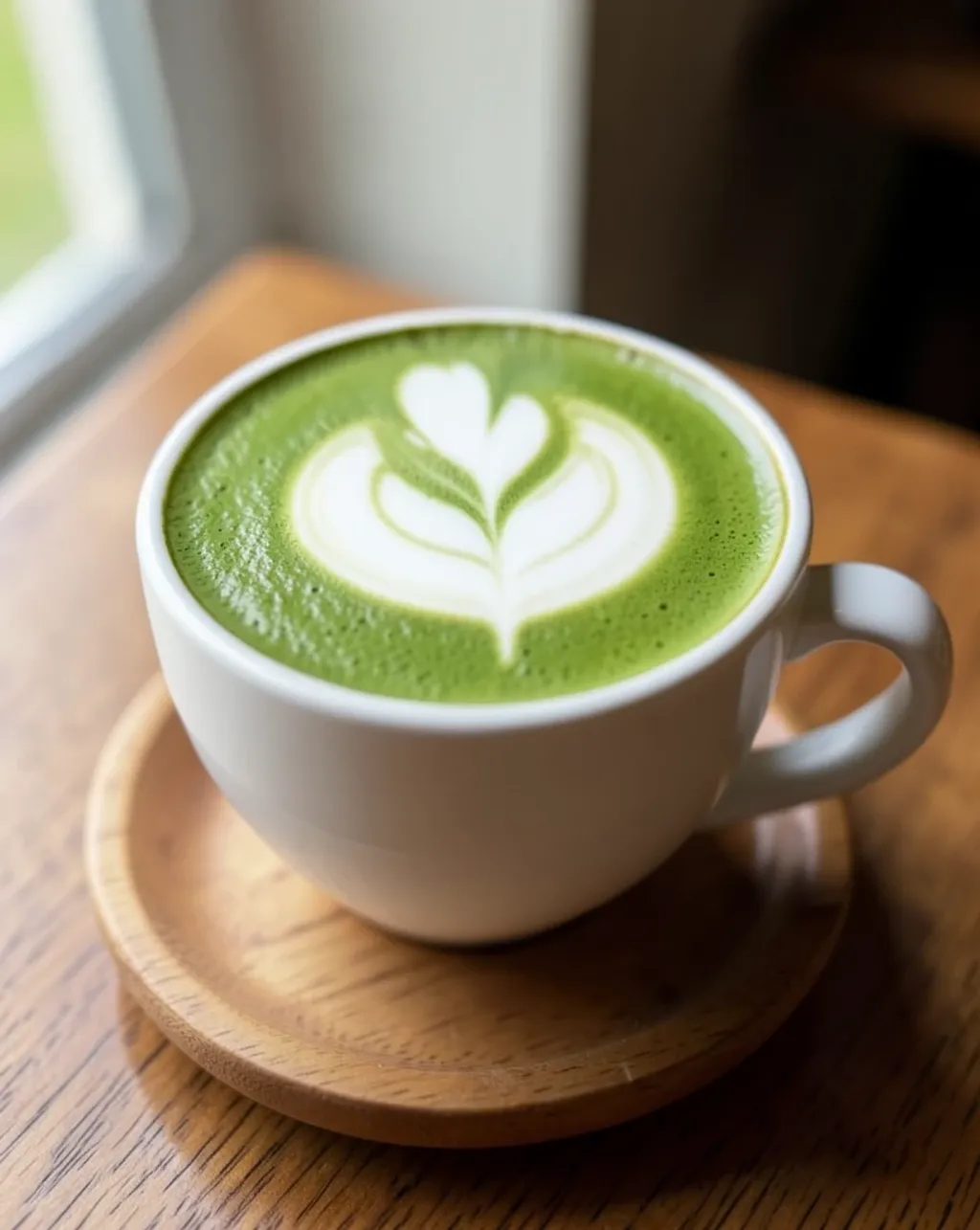 Warm matcha latte with leaf-shaped latte art in a white ceramic cup on a wooden saucer