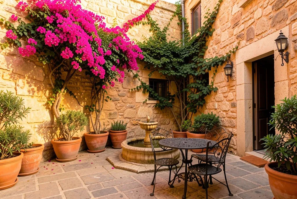 Warm Mediterranean courtyard with stone walls, bougainvillea, fountain, and wrought iron furniture