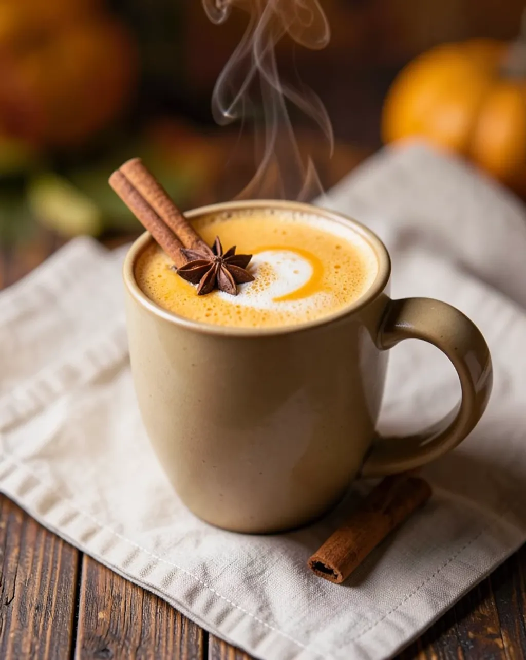 Warm pumpkin spice latte in a ceramic mug with cinnamon stick, star anise, and rising steam