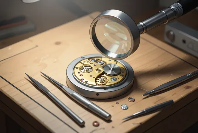 An open mechanical watch movement with gears and a balance wheel under a loupe
