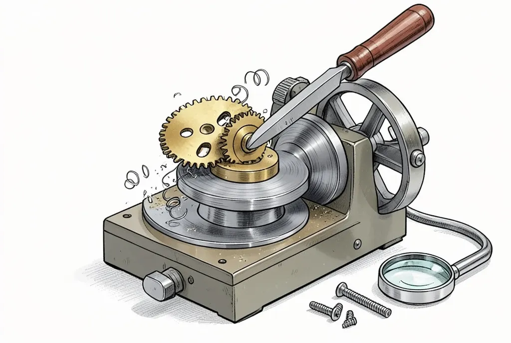 A clean illustration of a watchmaker's lathe turning a tiny brass gear with a graver tool.