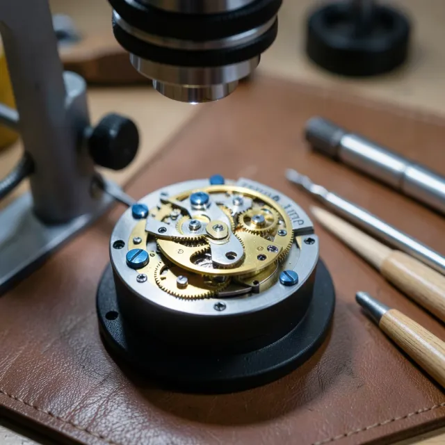 Macro of an open watch movement with blued screws and brass balance under a loupe, oilers nearby