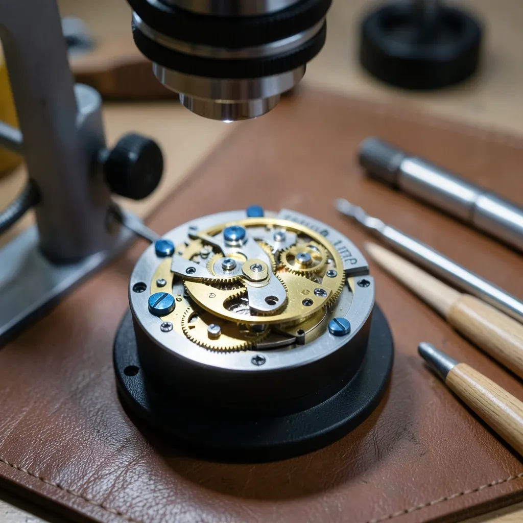 Macro of an open watch movement with blued screws and brass balance under a loupe, oilers nearby