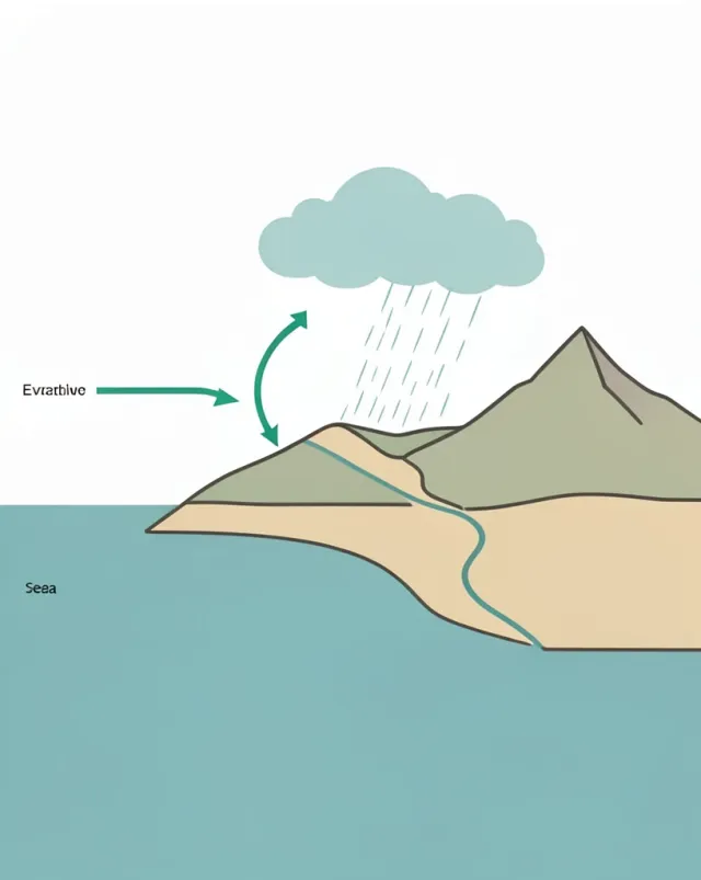 Flat vector water cycle diagram with a coastal cross-section and arrows for each stage