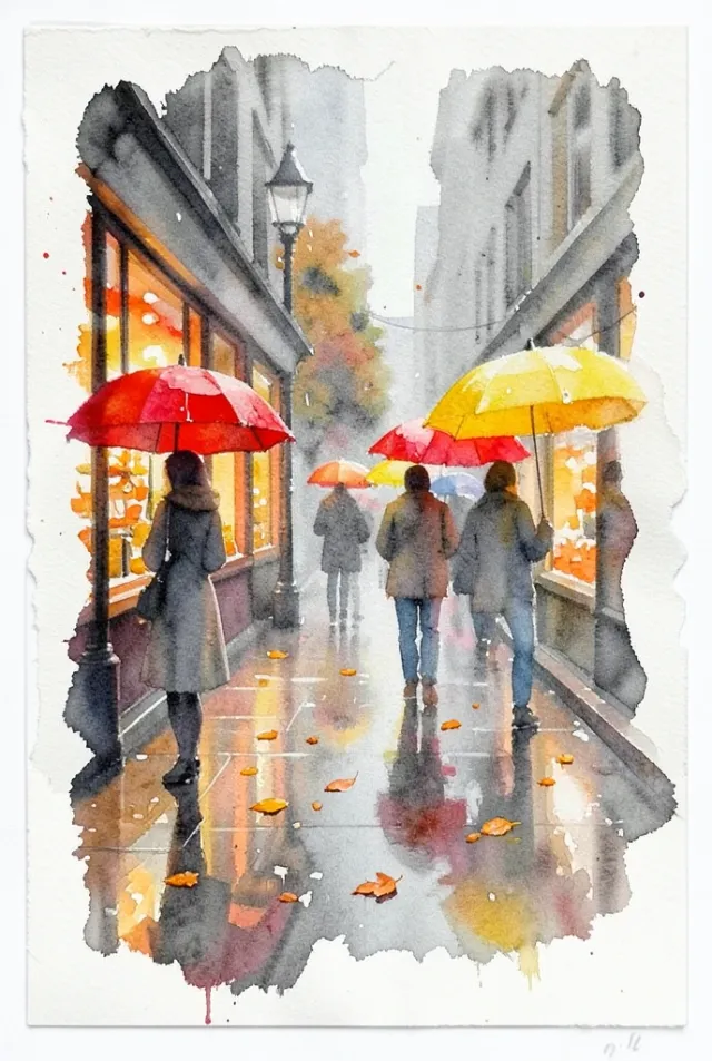 A loose watercolor of a rainy autumn street with umbrellas