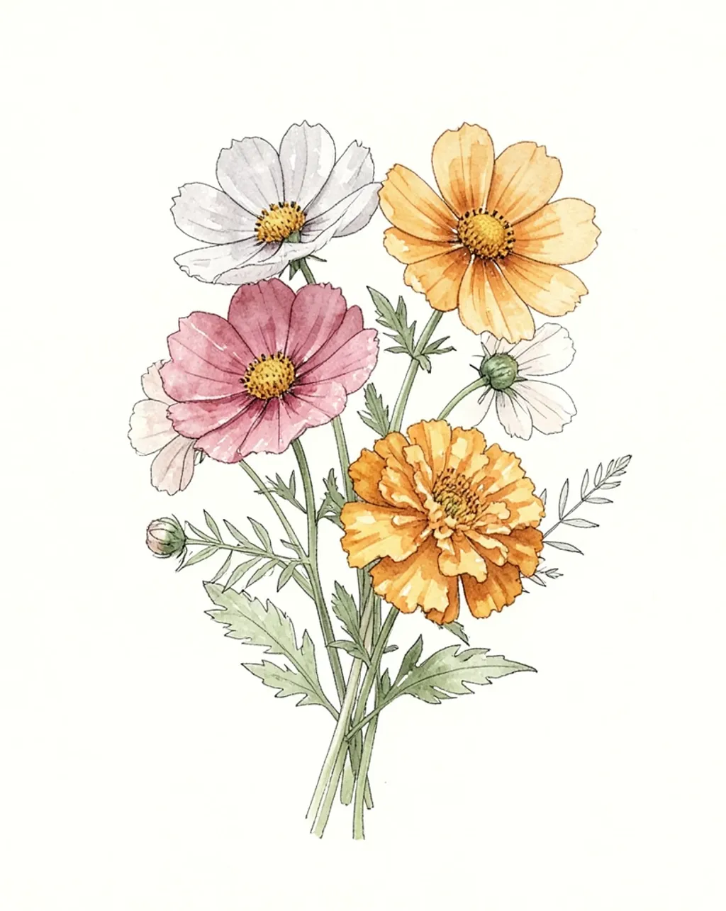 Loose watercolor botanical print of October cosmos and marigold birth flowers on cream paper