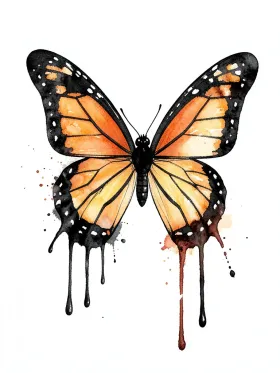 Watercolor monarch butterfly tattoo with orange and amber paint splashes bleeding from fine black linework