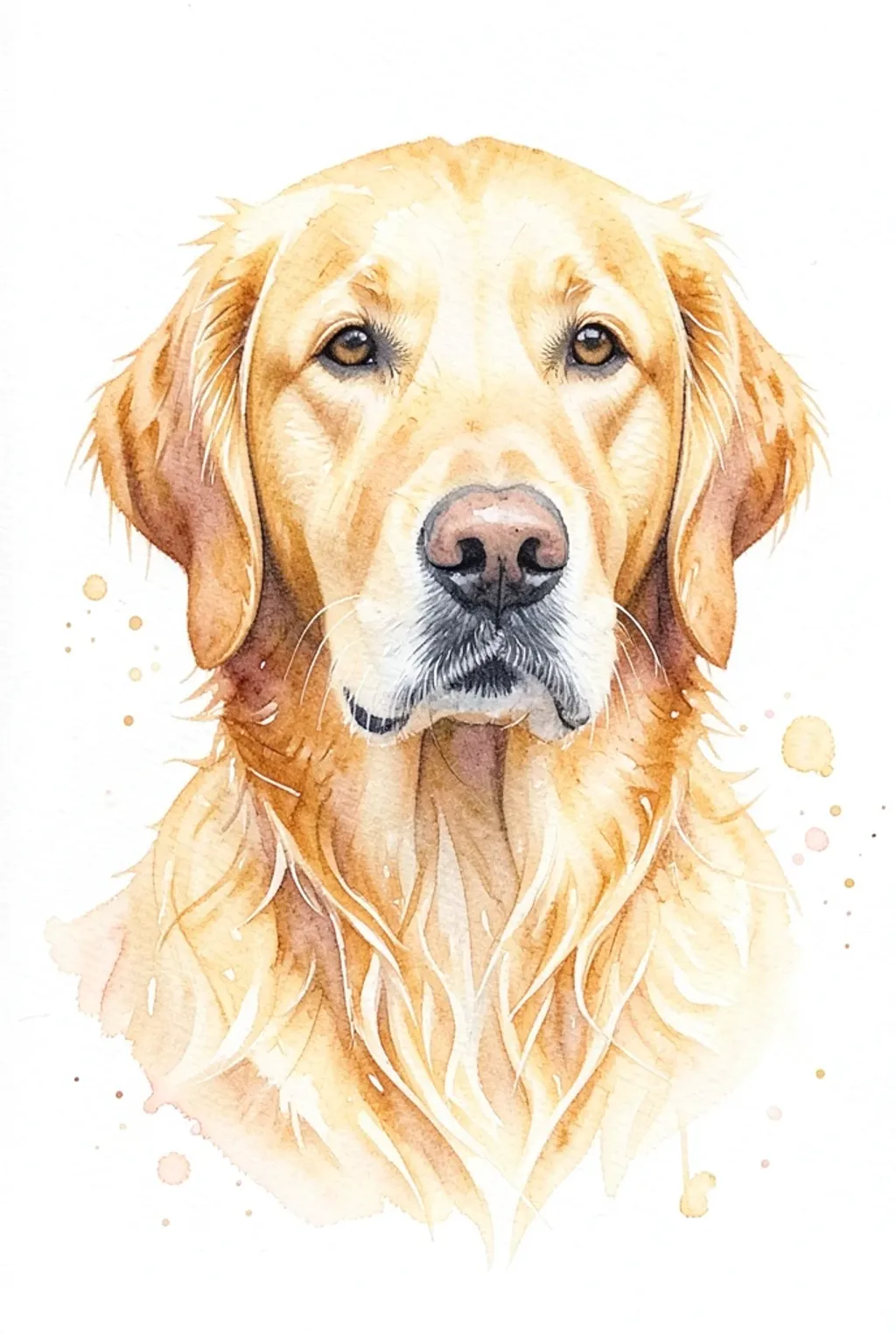 Loose watercolor portrait of a golden retriever with warm amber tones