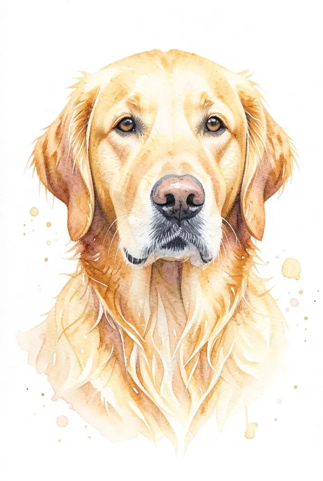 Loose watercolor portrait of a golden retriever with warm amber tones