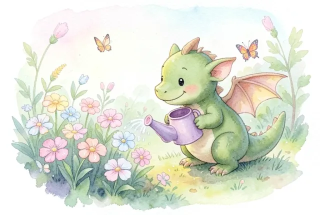 Soft watercolor of a tiny friendly dragon watering flowers among butterflies in a storybook garden
