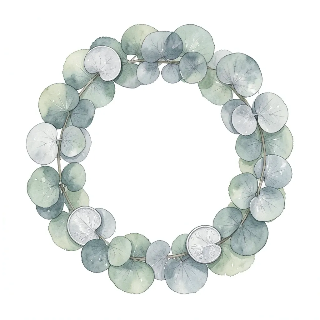 Watercolor wreath of round silver-dollar eucalyptus leaves in soft sage green on a white background