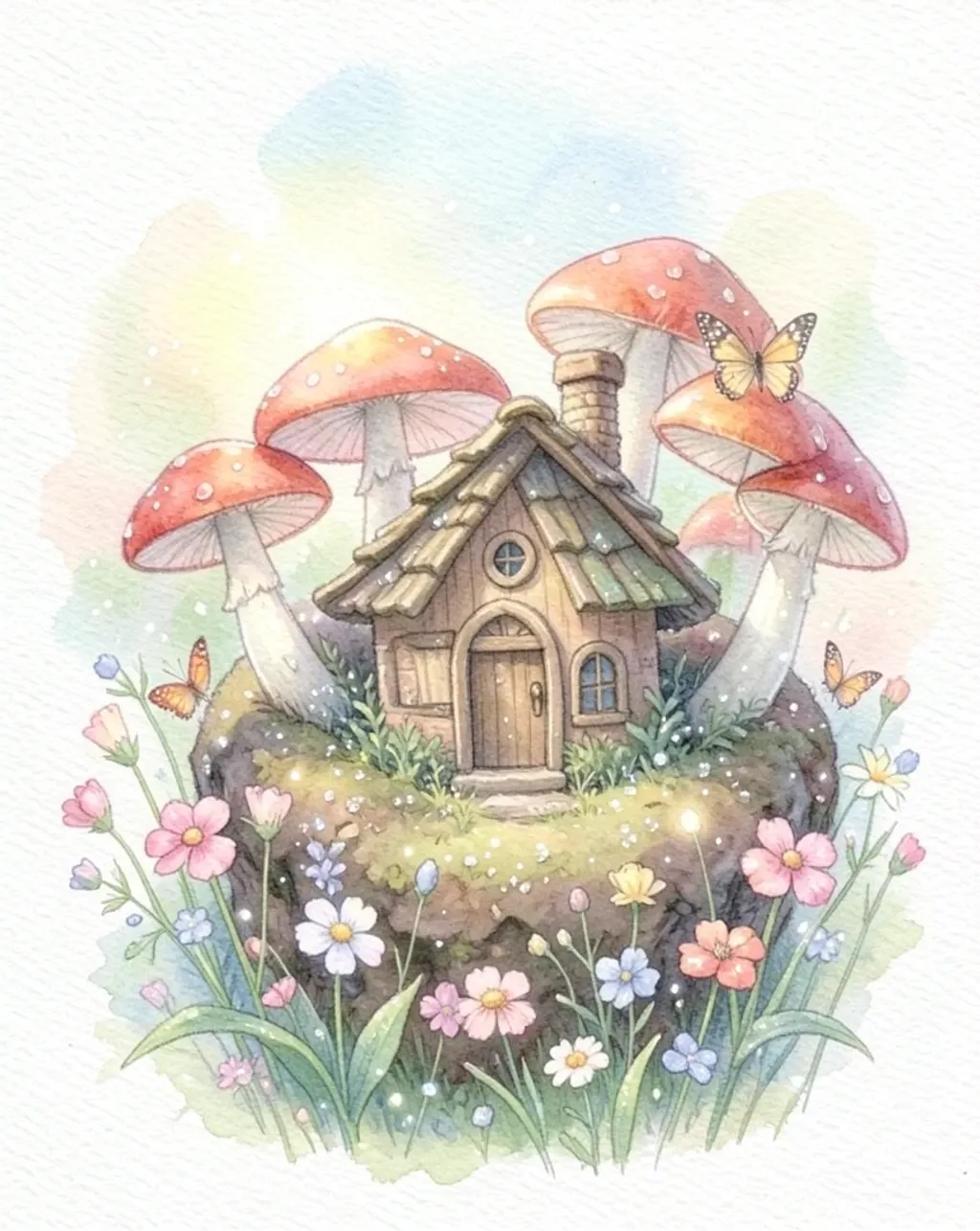Watercolor scene of a tiny fairy house inside a mushroom ring with flowers and butterflies