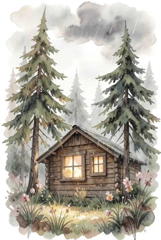 Watercolor forest cabin scene with misty trees and warm window light