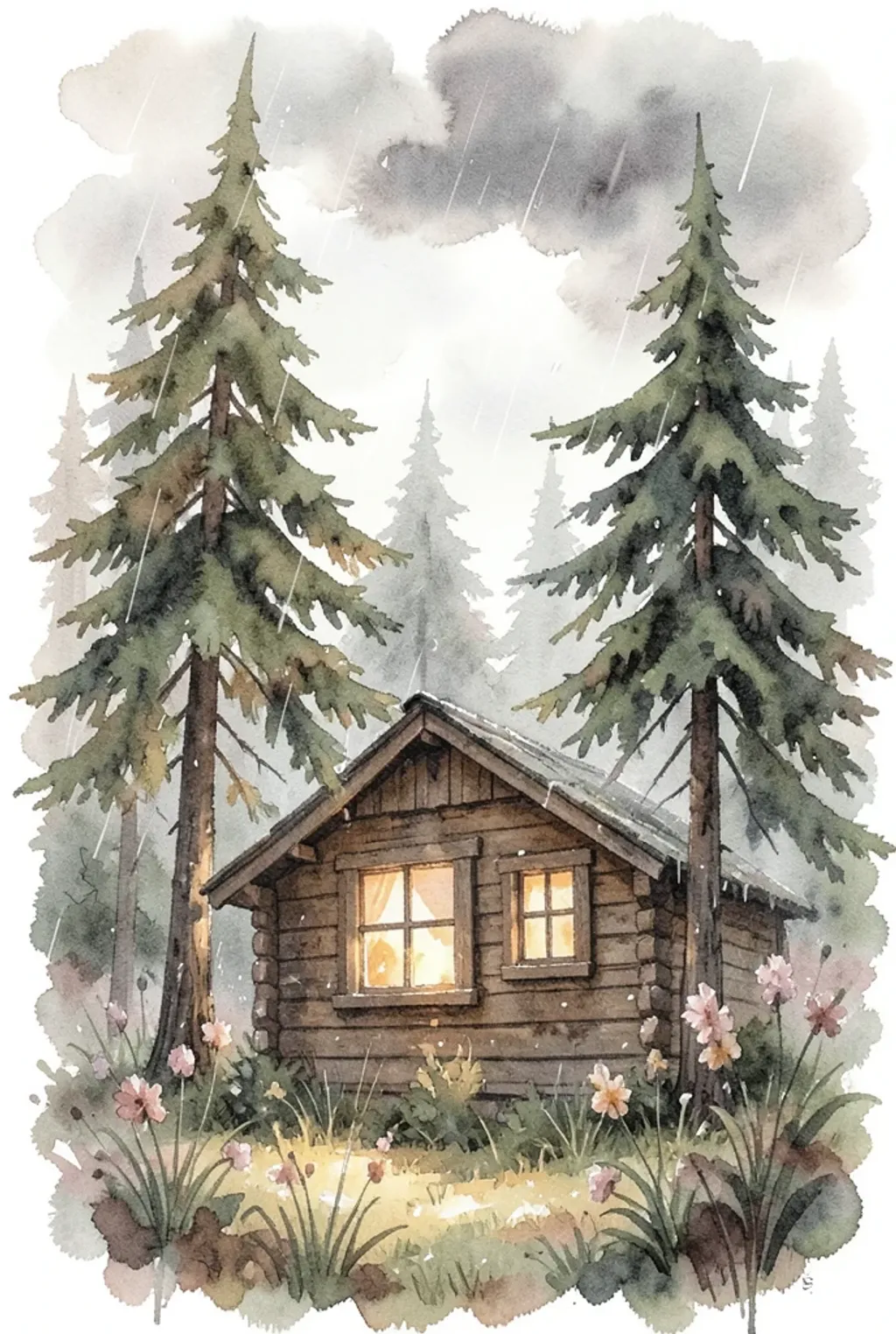 Watercolor forest cabin scene with misty trees and warm window light