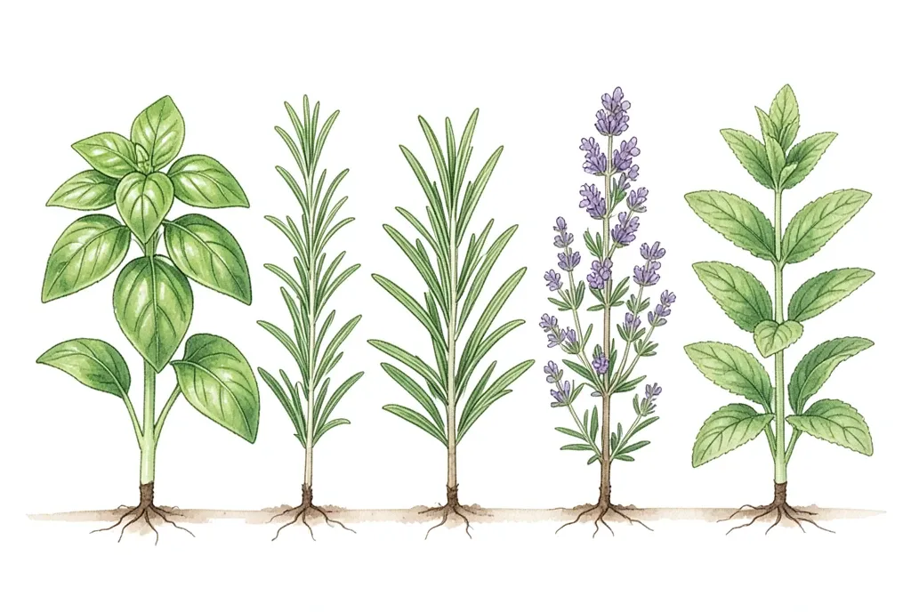 A botanical watercolor herb garden row on white paper