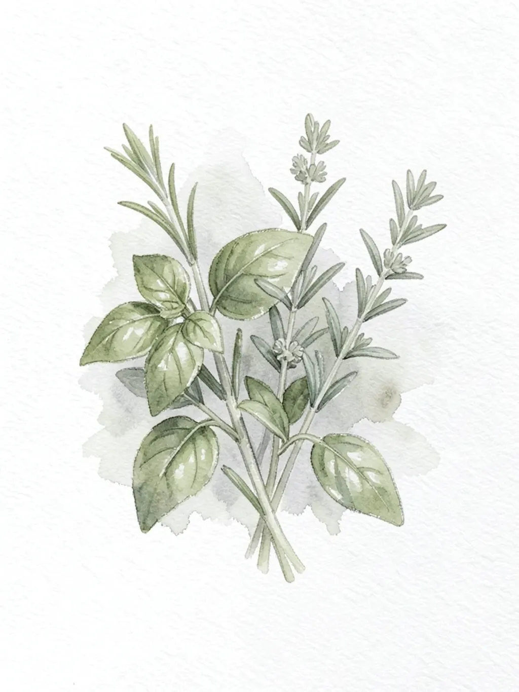 Loose watercolor print of basil, rosemary, thyme, and sage sprigs in soft green on a white textured background