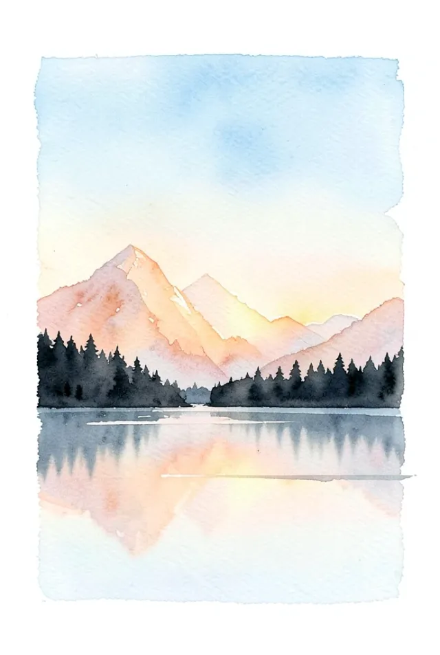 A serene watercolor mountain lake at sunrise — AI-generated example render