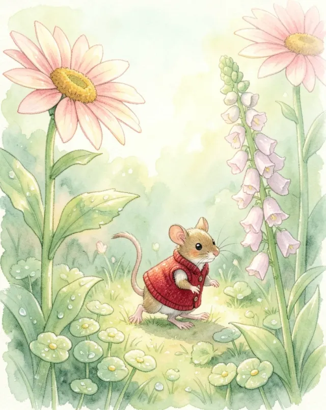 Whimsical watercolor illustration of a tiny mouse in a red vest exploring a garden among oversized flowers