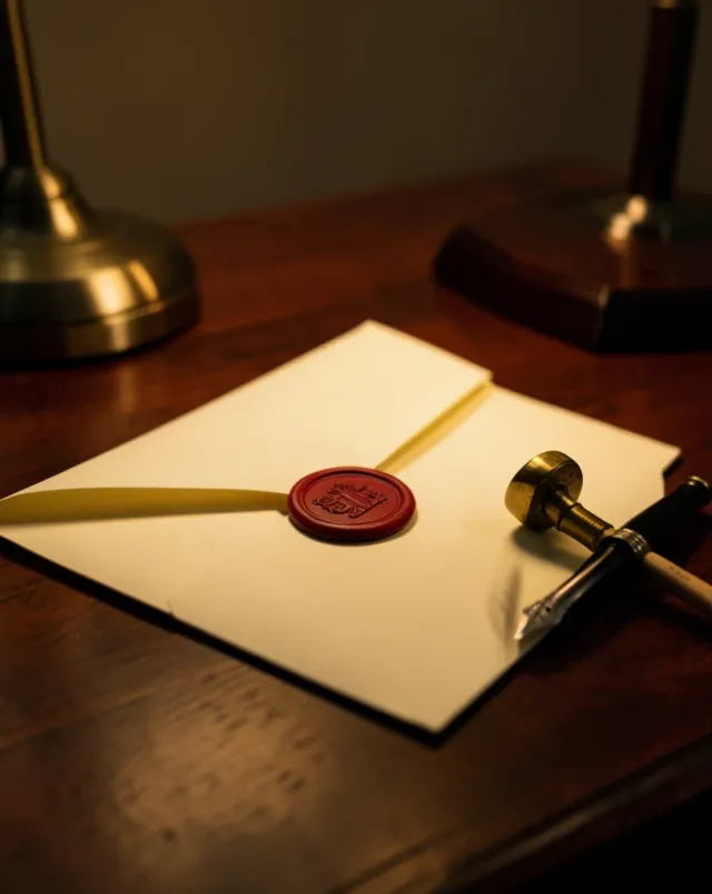 A cream letter sealed with red wax, a brass stamp and fountain pen on a dark desk.