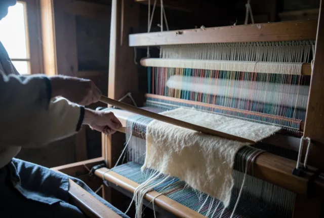 A weaver throwing a wooden shuttle through the shed of a floor loom with wool cloth on the beam.