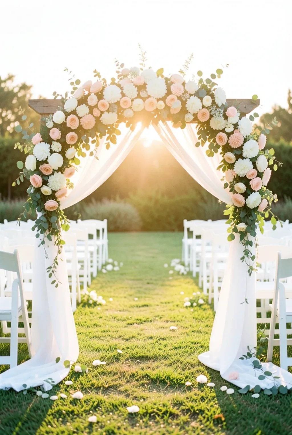 A flower-draped wooden wedding arch glowing in golden-hour light at the end of an aisle