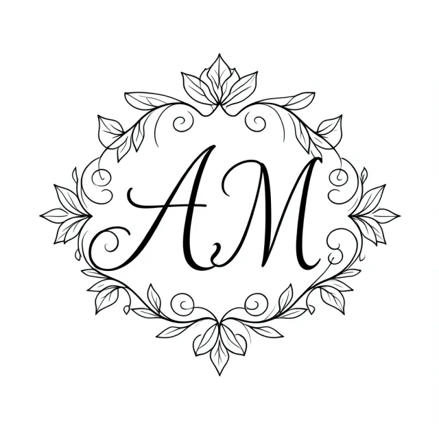 Elegant wedding monogram line art logo with intertwined initials and florals