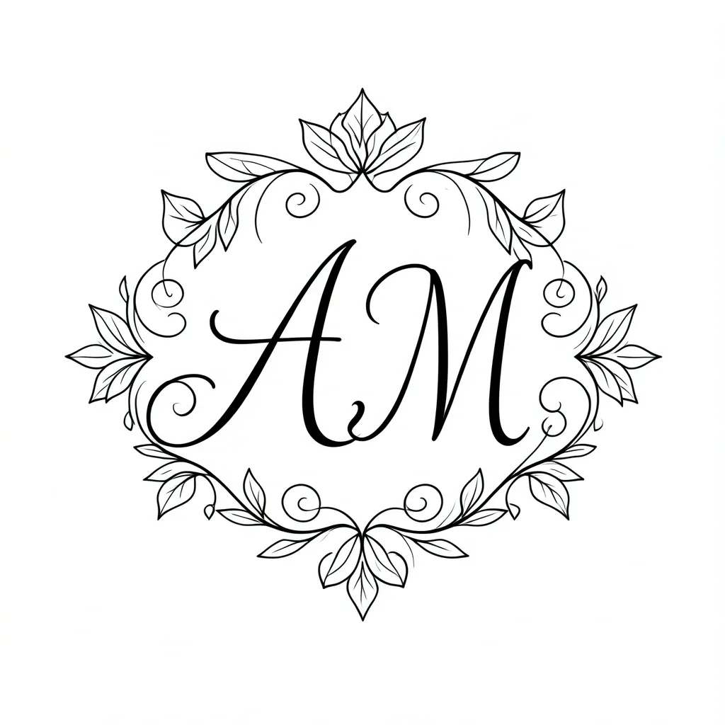 Elegant wedding monogram line art logo with intertwined initials and florals