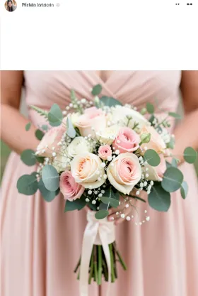 Wedding Pinterest pin of a bridal bouquet with garden roses and eucalyptus in blush pink sage and cream