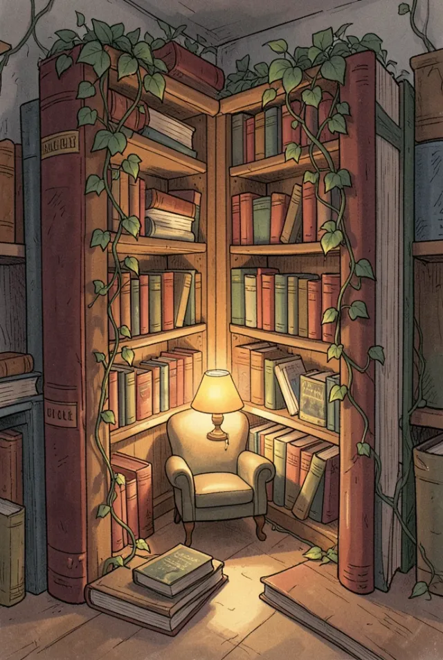 Whimsical miniature reading nook between giant books with tiny armchair, lamp, vines, and storybook light
