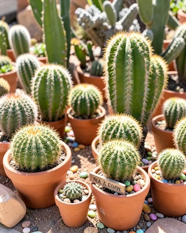 Whimsical potted cactus garden with terracotta pots, painted stones, and a tiny wooden sign in bright sunlight