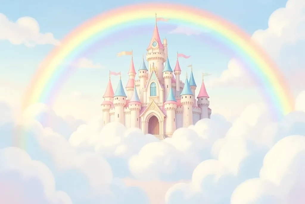 Fairytale castle with pastel turrets built on fluffy white clouds with a rainbow and soft storybook light