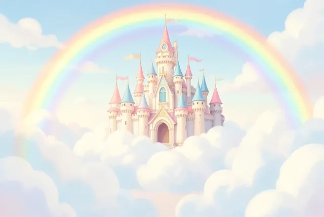 Fairytale castle with pastel turrets built on fluffy white clouds with a rainbow and soft storybook light