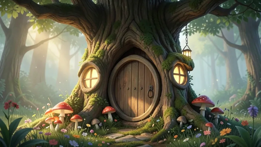 Tiny round-door fairy house built into a hollow oak tree with glowing windows, mushrooms, and wildflowers