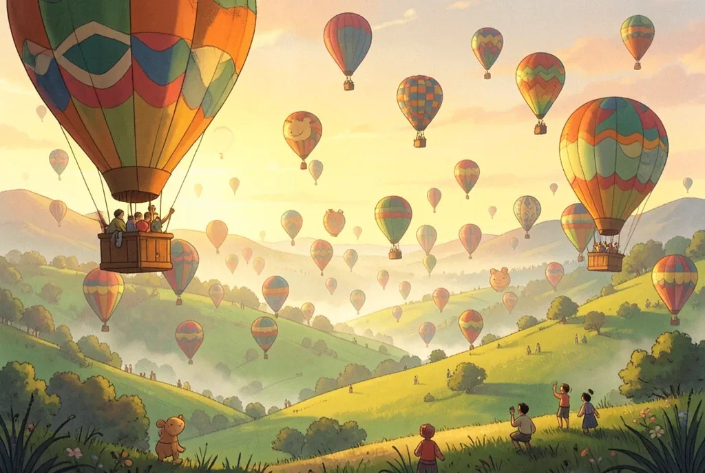 Whimsical hot-air balloon festival at golden hour, colorful balloons rising over a green valley
