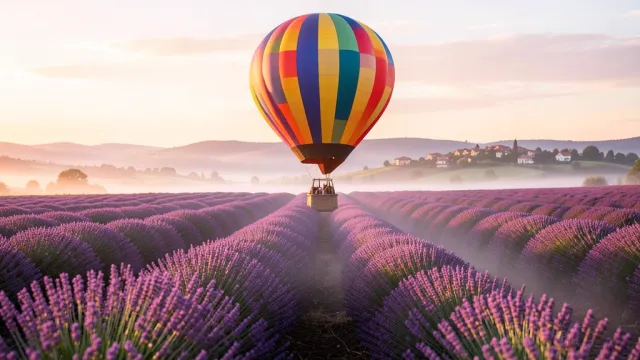 Colorful hot air balloon floating over purple lavender fields at sunrise with mist and distant village