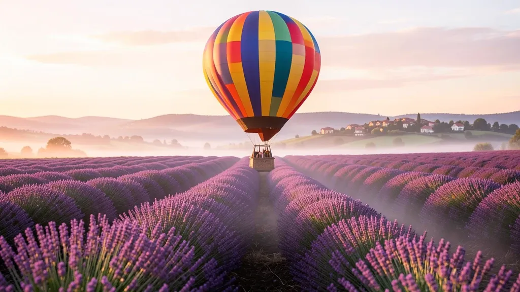 Colorful hot air balloon floating over purple lavender fields at sunrise with mist and distant village