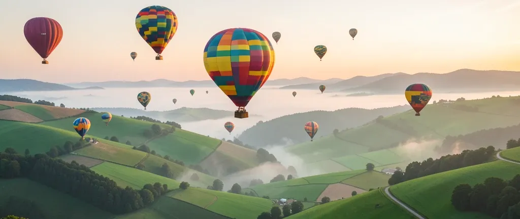 Colorful hot air balloons floating above rolling green hills at sunrise with mist in the valleys