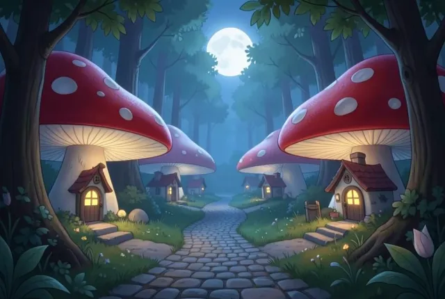 Whimsical village of cottages inside oversized mushrooms with glowing windows and cobblestone paths in moonlight