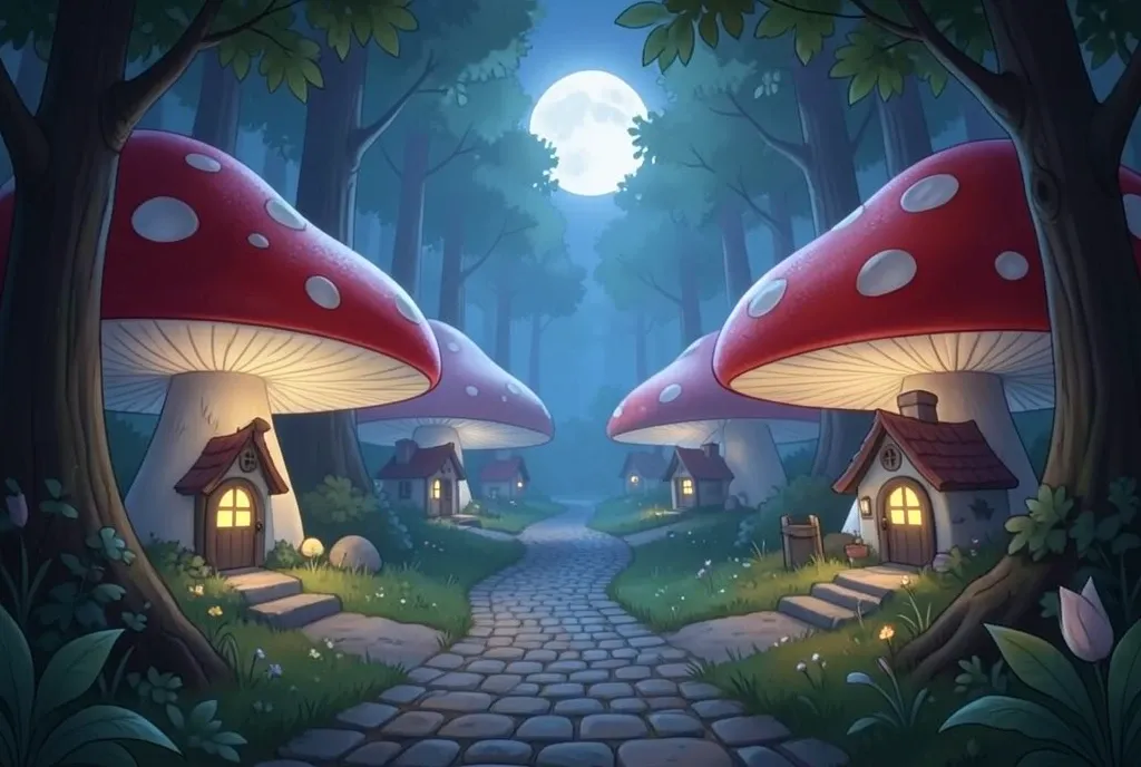 Whimsical village of cottages inside oversized mushrooms with glowing windows and cobblestone paths in moonlight