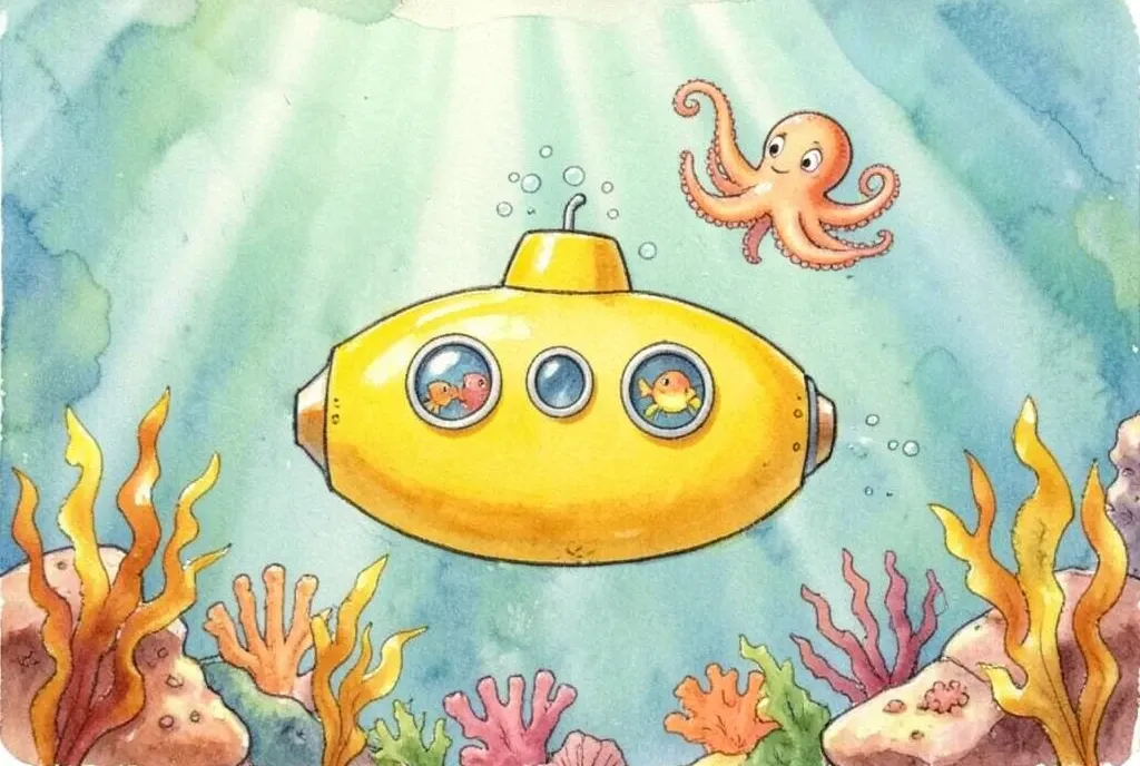 Children's book illustration of a yellow submarine with fish peeking through portholes and an octopus waving