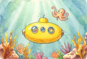 Children's book illustration of a yellow submarine with fish peeking through portholes and an octopus waving