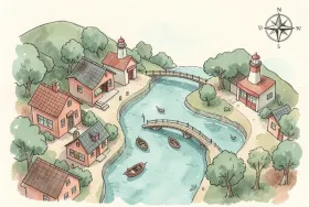 Whimsical hand-drawn map of a small coastal town with a river, tiny buildings and boats in teal terracotta and sage