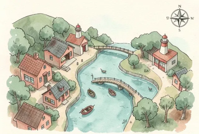 Whimsical hand-drawn map of a small coastal town with a river, tiny buildings and boats in teal terracotta and sage