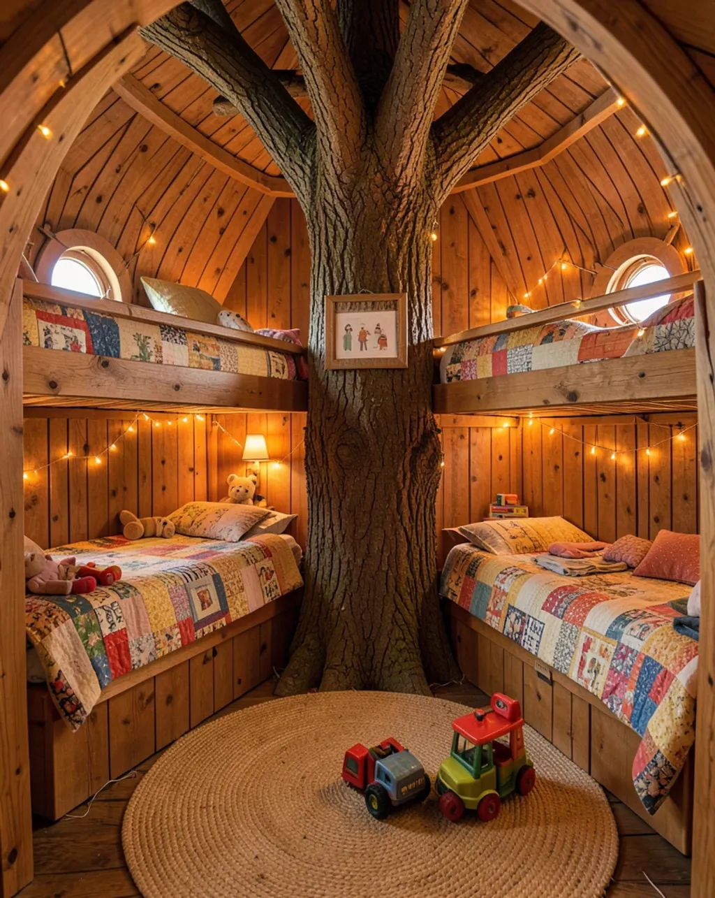 A whimsical round treehouse bedroom with bunk beds, porthole windows, fairy lights, and toys