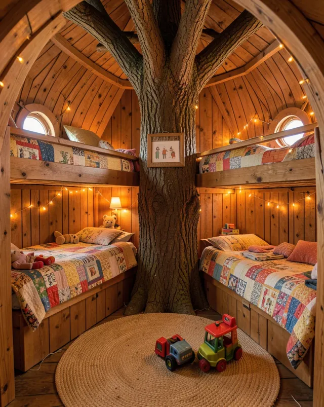 A whimsical round treehouse bedroom with bunk beds, porthole windows, fairy lights, and toys