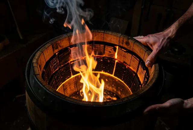 Illustration of flame charring the inside of an oak barrel, staves glowing at the seams
