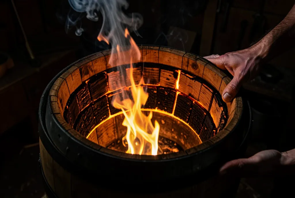 Illustration of flame charring the inside of an oak barrel, staves glowing at the seams